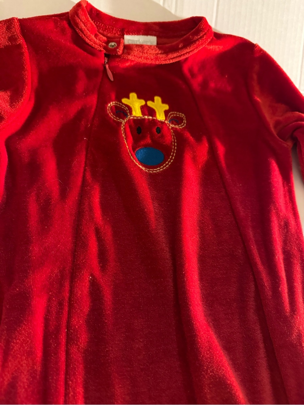 #306 Red Baby One-Piece Footed Romper with Reindeer Appliqué - Picture 4 of 6